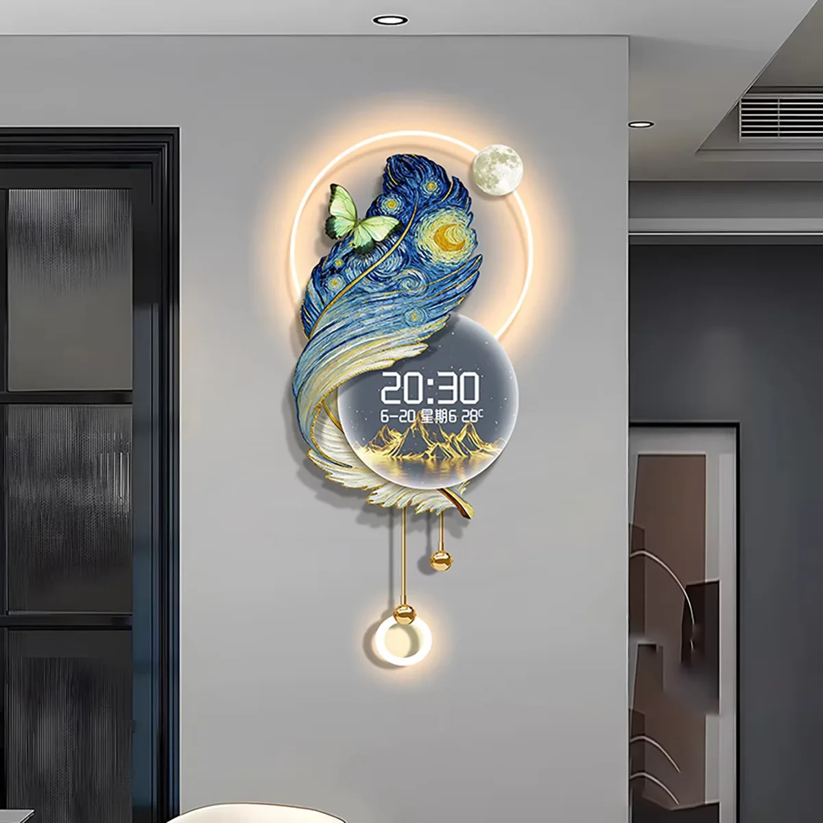 Luxury Atmosphere Feather Living Room Art Home Decorative Painting Jalopy Calendar Electron Clock Acrylic LED Paintings