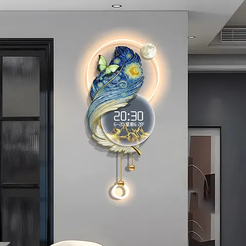 Luxury Atmosphere Feather Living Room Art Home Decorative Painting Jalopy Calendar Electron Clock Acrylic LED Paintings