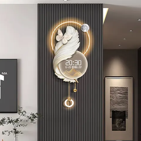 Luxury Atmosphere Feather Living Room Art Home Decorative Painting Jalopy Calendar Electron Clock Acrylic LED Paintings