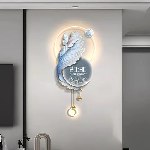 Luxury Atmosphere Feather Living Room Art Home Decorative Painting Jalopy Calendar Electron Clock Acrylic LED Paintings