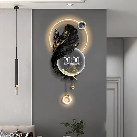 Luxury Atmosphere Feather Living Room Art Home Decorative Painting Jalopy Calendar Electron Clock Acrylic LED Paintings