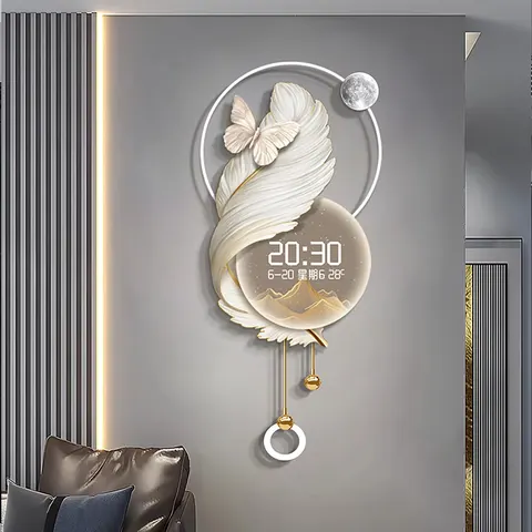 Luxury Atmosphere Feather Living Room Art Home Decorative Painting Jalopy Calendar Electron Clock Acrylic LED Paintings
