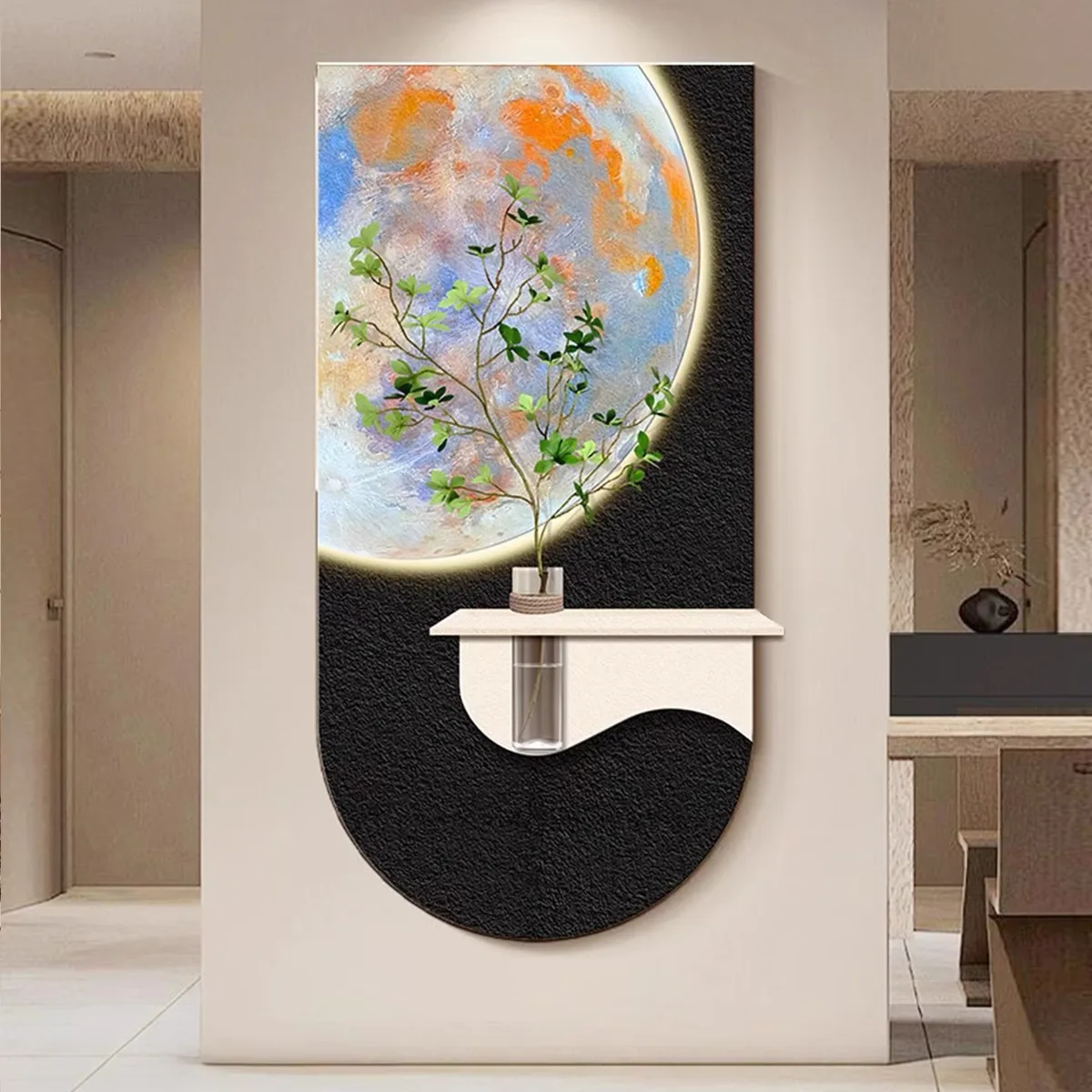 Luxury Contemporary 3D Layered Sandstone LED Wall Hanging Painting Moon Hydroponic Vase Wall Decor for Entryway Corridor Home