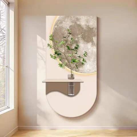 Luxury Contemporary 3D Layered Sandstone LED Wall Hanging Painting Moon Hydroponic Vase Wall Decor for Entryway Corridor Home