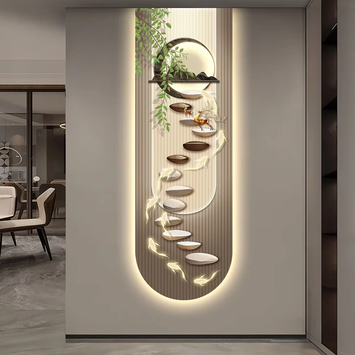 Luxury  Elk Entrance Hall Art Home Furnishings LED Decorative Painting Nine Fish Diagram Crystal Porcelain Painting