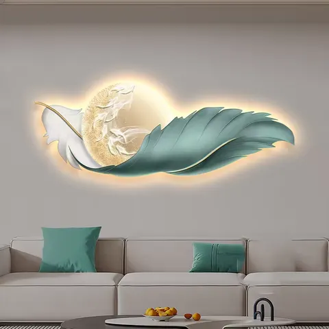 Luxury Feather Wall Art Home Decor Painting Bedroom Background Wall Nine Fish Picture LED Luminous Crystal Porcelain Painting