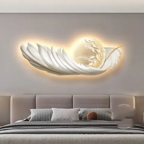 Luxury Feather Wall Art Home Decor Painting Bedroom Background Wall Nine Fish Picture LED Luminous Crystal Porcelain Painting