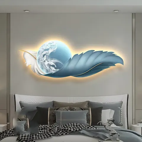 Luxury Feather Wall Art Home Decor Painting Bedroom Background Wall Nine Fish Picture LED Luminous Crystal Porcelain Painting