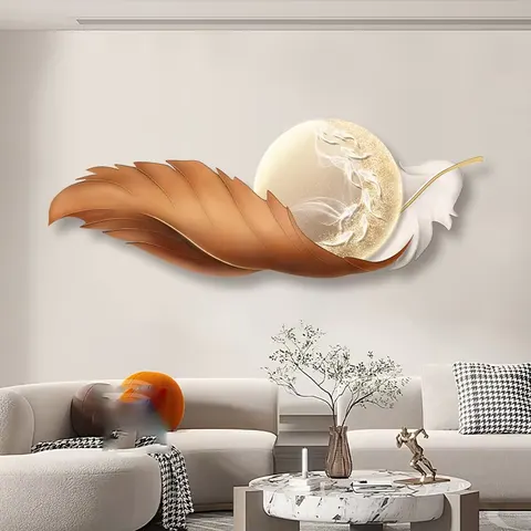 Luxury Feather Wall Art Home Decor Painting Bedroom Background Wall Nine Fish Picture LED Luminous Crystal Porcelain Painting