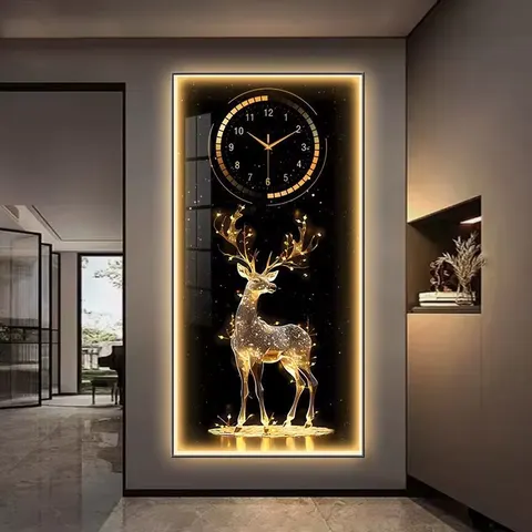 Luxury Framed Crystal Porcelain Wall Art with LED Lights and Rhinestone Deer Clock, Perfect for Living Room and Bedroom Decor