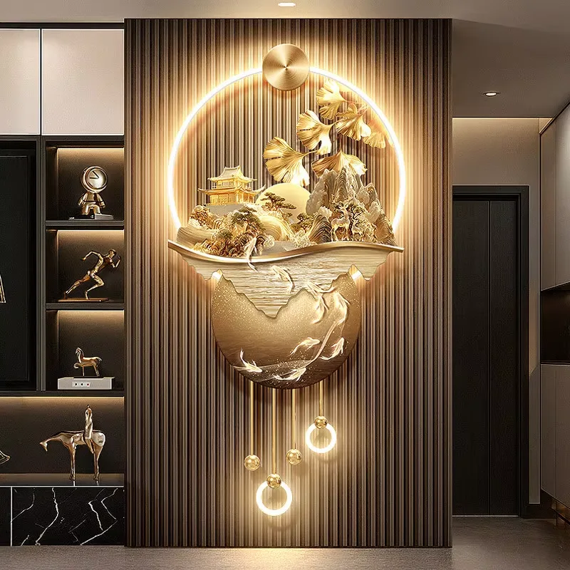 Luxury Ginkgo Leaves Entrance Hall Art Home Decor Painting  Nine Fish Diagram Acrylic LED Painting