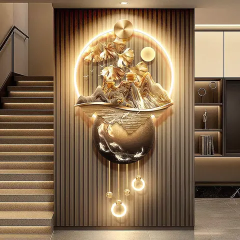 Luxury Ginkgo Leaves Entrance Hall Art Home Decor Painting  Nine Fish Diagram Acrylic LED Painting