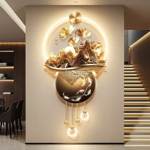 Luxury Ginkgo Leaves Entrance Hall Art Home Decor Painting  Nine Fish Diagram Acrylic LED Painting