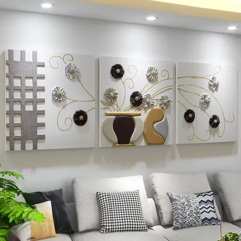 Luxury High-end Sofa Background Wall Home Decor Painting Living Room Combination Three-dimensional Leather Painting