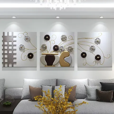 Luxury High-end Sofa Background Wall Home Decor Painting Living Room Combination Three-dimensional Leather Painting