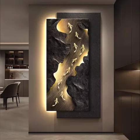 Luxury Living Room Porch Art Home Decor Painting Nine Fish Picture Three-dimensional Effect Glow Crystal Porcelain Painting