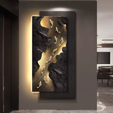 Luxury Living Room Porch Art Home Decor Painting Nine Fish Picture Three-dimensional Effect Glow Crystal Porcelain Painting