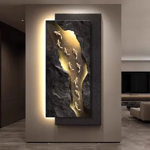 Luxury Living Room Porch Art Home Decor Painting Nine Fish Picture Three-dimensional Effect Glow Crystal Porcelain Painting