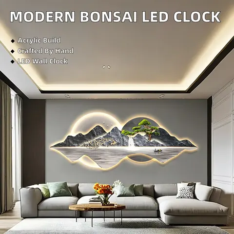 Luxury Modern Bonsai  Deer Landscape LED Clock UV Cut Edge Acrylic Hand-Crafted Wall Decor for Home Living Room Canvas