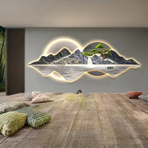 Luxury Modern Bonsai  Deer Landscape LED Clock UV Cut Edge Acrylic Hand-Crafted Wall Decor for Home Living Room Canvas