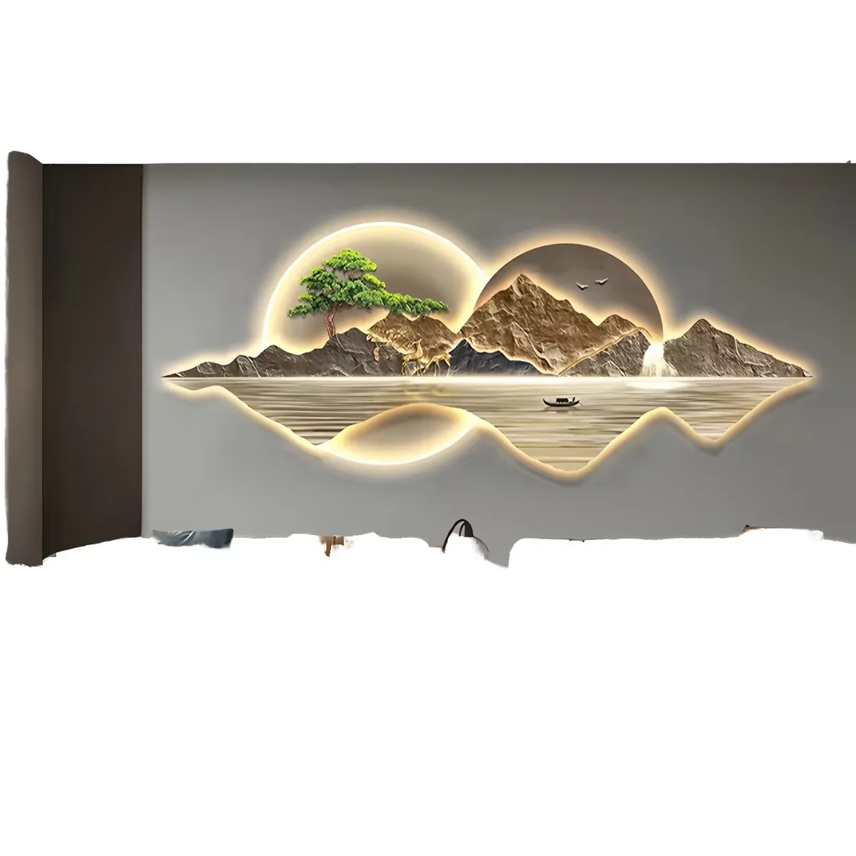 Luxury Modern Bonsai Mountain Deer Landscape LED Clock UV Cut Edge Acrylic Hand-Crafted Wall Decor for Living Room Canvas