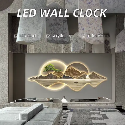 Luxury Modern Bonsai Mountain Deer Landscape LED Clock UV Cut Edge Acrylic Hand-Crafted Wall Decor for Living Room Canvas