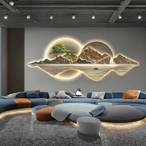 Luxury Modern Bonsai Mountain Deer Landscape LED Clock UV Cut Edge Acrylic Hand-Crafted Wall Decor for Living Room Canvas