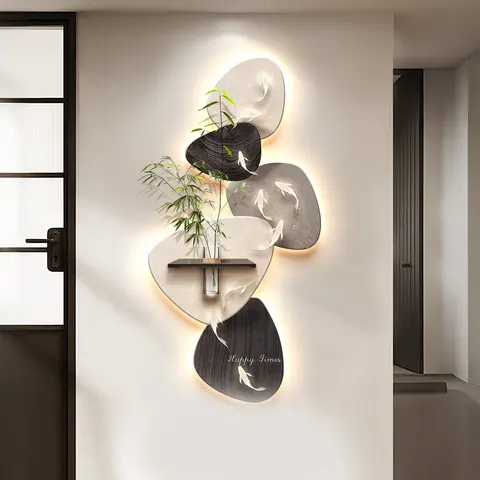 Luxury Nine Fish Painting Entrance Hall Art Decor Paintings Hydroponic Plants Sandstone LED Paintings