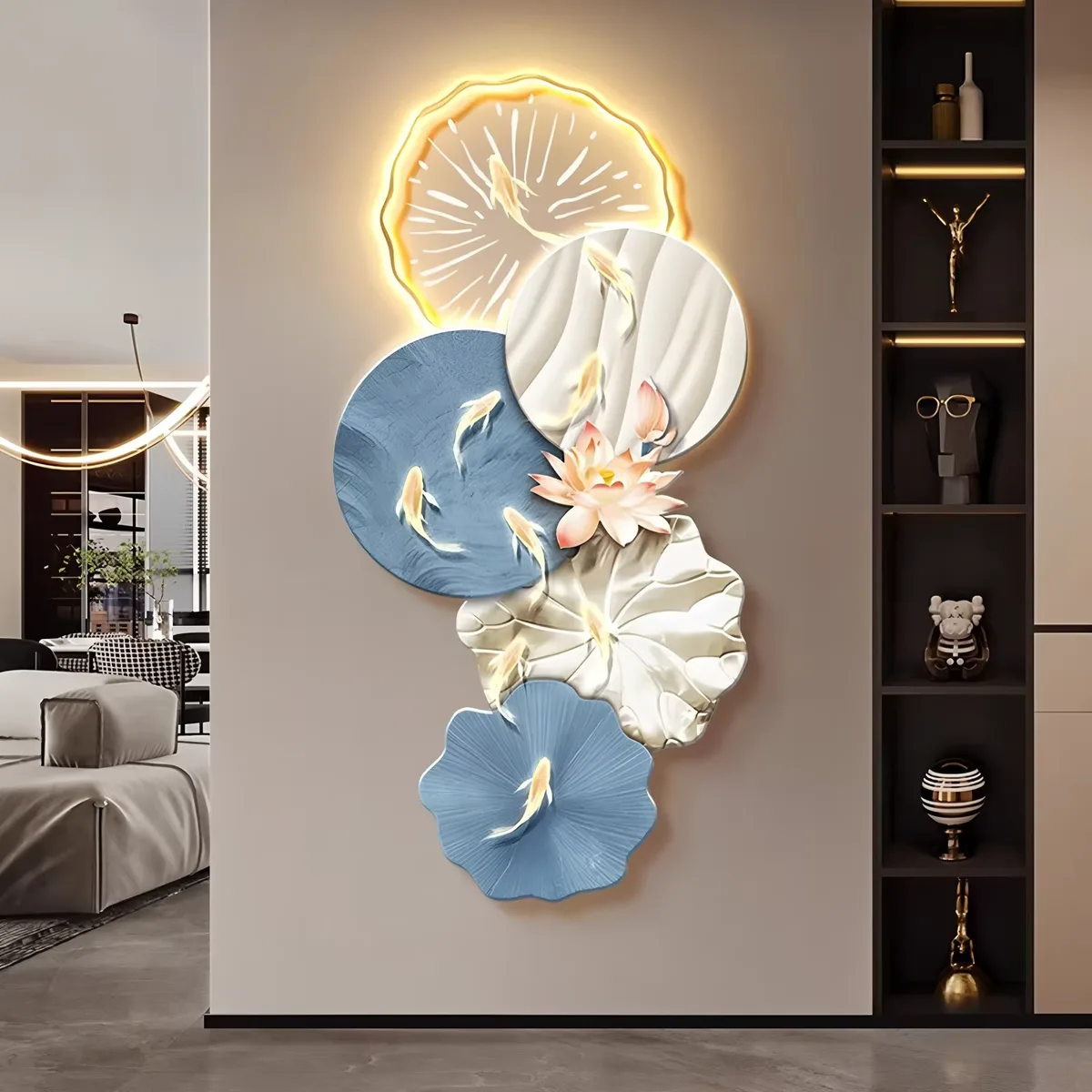 Luxury Nine Fish Picture Led Glow Painting Living Room Corridor Background Wall Crystal Porcelain Art Home Decor Painting