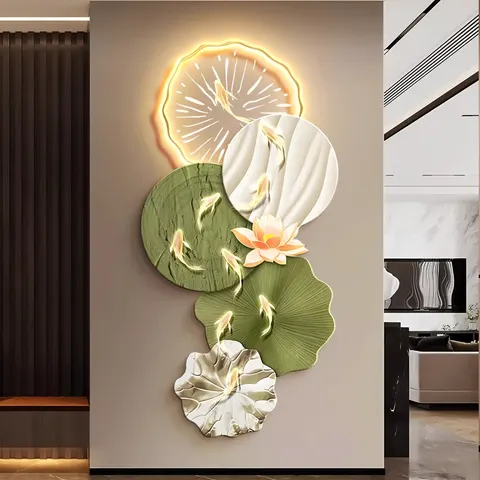 Luxury Nine Fish Picture Led Glow Painting Living Room Corridor Background Wall Crystal Porcelain Art Home Decor Painting