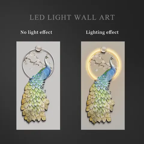 Luxury Peacock Wall Art Decoration Painting LED Light Still Life Wall Painting Crystal Diamond Wall Decoration Living Room