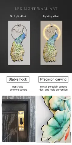 Luxury Peacock Wall Art Decoration Painting LED Light Still Life Wall Painting Crystal Diamond Wall Decoration Living Room