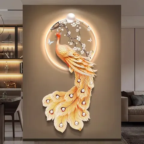 Luxury Peacock Wall Art Decoration Painting LED Light Still Life Wall Painting Crystal Diamond Wall Decoration Living Room