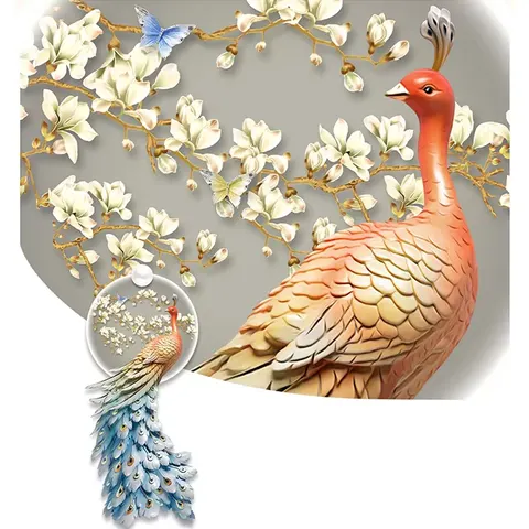 Luxury Peacock Wall Art Decoration Painting LED Light Still Life Wall Painting Crystal Diamond Wall Decoration Living Room