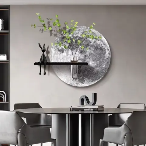 Luxury Restaurant Sandstone Art Home Furnishings Decorative Painting Entrance Hall Moon Glowed LED Decor Paintings