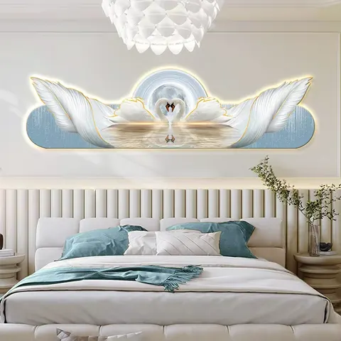 Luxury Swan Bedroom Feather Art Decor Crystal Porcelain Paintings Bedroom Background Wall Led Decor Painting