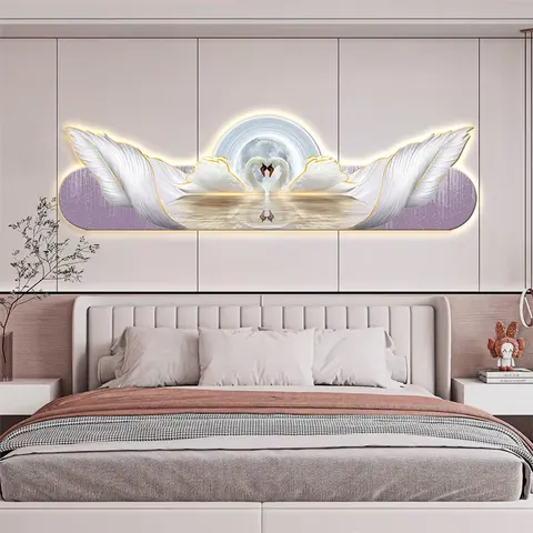 羽毛 单幅 装饰画 轻奢风 卧室背景墙挂画 LED带灯画