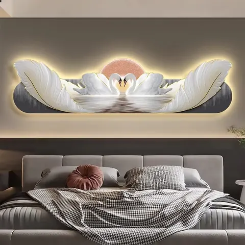 羽毛 单幅 装饰画 轻奢风 卧室背景墙挂画 LED带灯画