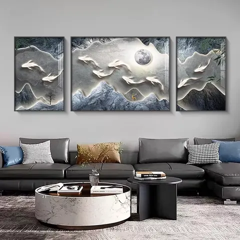 LuxuryLiving Room Home Decor Paintings Modern Minimalist Sofa Background Wall Crystal Porcelain Diamond Triptych