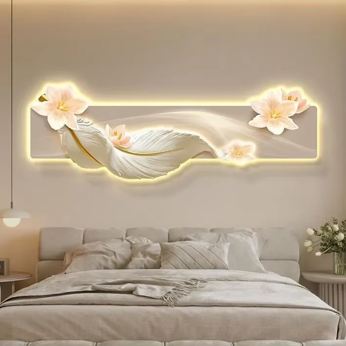 羽毛 单幅 装饰画 现代简约 卧室背景墙挂画 LED带灯画