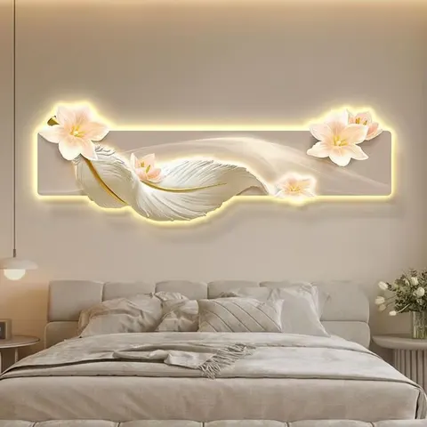 Manufacturers Directly Supply Bedroom Flower Feathers Crystal Porcelain Painting Wall Art LED Light Painting Home Decoration
