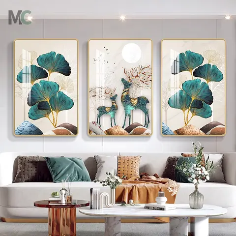 Manufacturers Wholesale Ginkgo Leaf Crystal Painting Modern Simplicity Three Join Wall Art Home Decor Painting