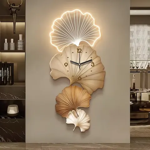 Maple Leaf Living Room Art Print: New Style with Clock Mural MDF and Crystal LED Backlit Wall Art