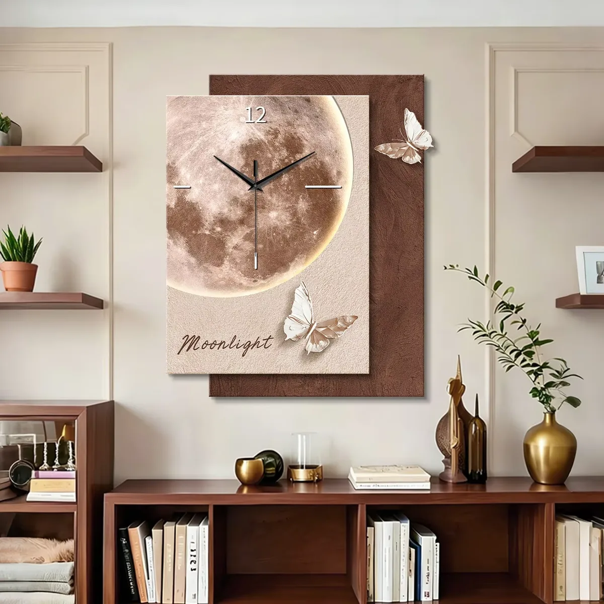 Medieval-style Retro Nostalgia Wall Clock Painting butterfly Moon Motifs Sandstone 3D Layered Decorative Art Living Rooms