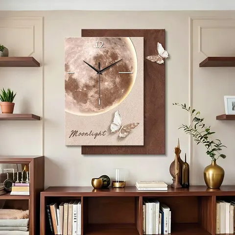 Medieval-style Retro Nostalgia Wall Clock Painting butterfly Moon Motifs Sandstone 3D Layered Decorative Art Living Rooms