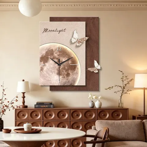 Medieval-style Retro Nostalgia Wall Clock Painting butterfly Moon Motifs Sandstone 3D Layered Decorative Art Living Rooms