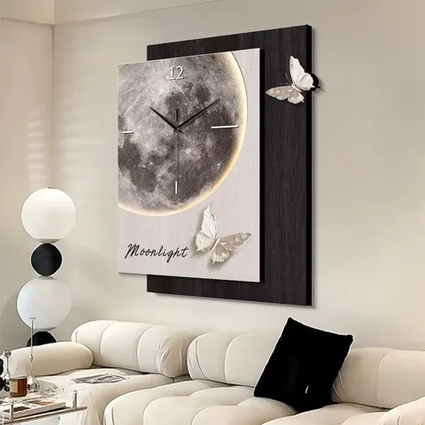 Medieval-style Retro Nostalgia Wall Clock Painting butterfly Moon Motifs Sandstone 3D Layered Decorative Art Living Rooms
