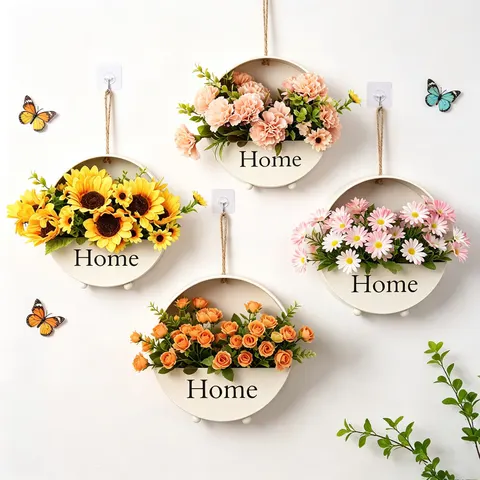 Metal Wall Mounted Hanging Planter with Simulation Flowers, Indoor Wall Decoration for Home & Party