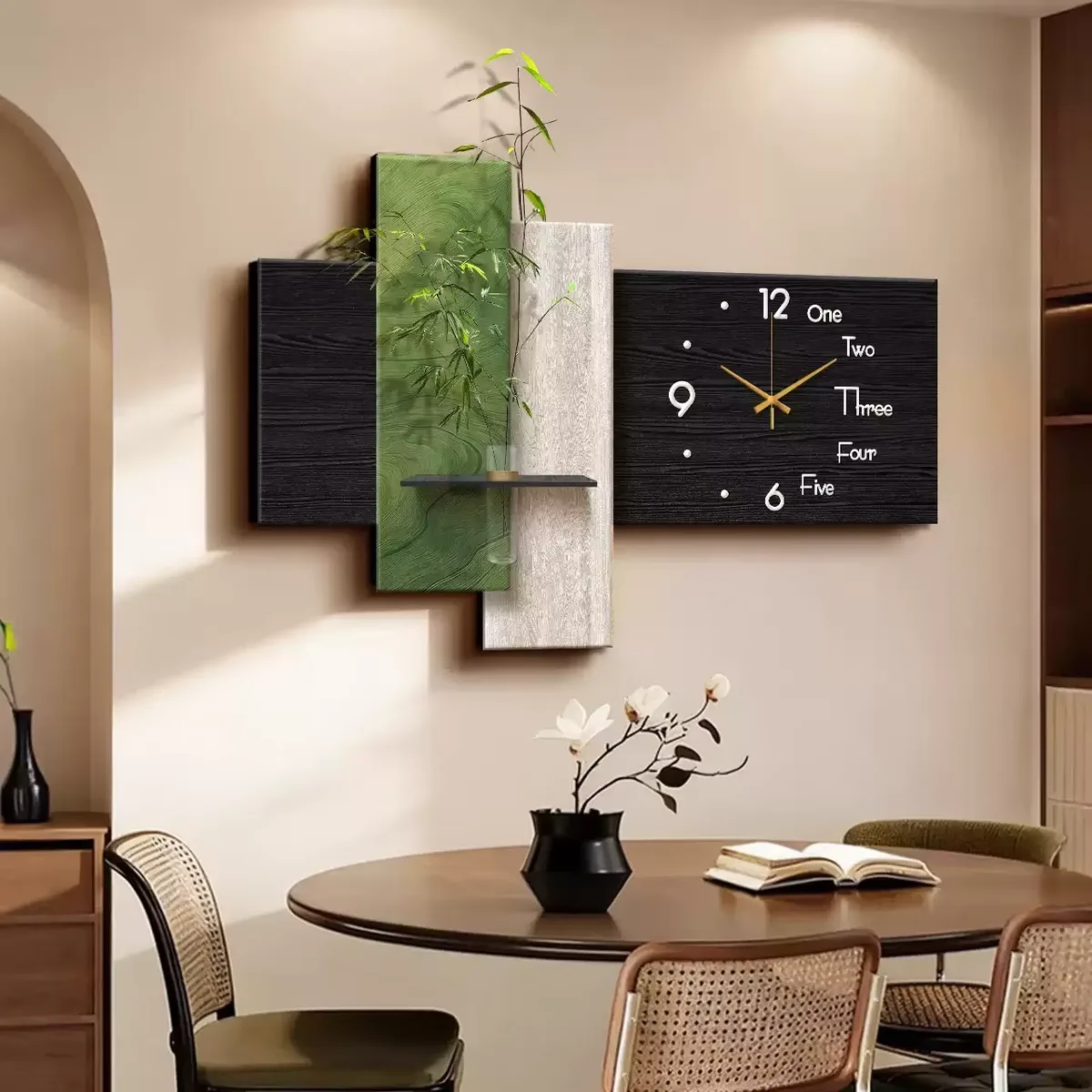 Mid-Century Style Dining Room Clock Wall Art, French Style Minimalist Modern Wall Clock Mural with Hydroponic Greenery