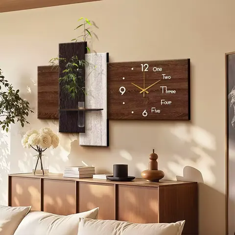 Mid-Century Style Dining Room Clock Wall Art, French Style Minimalist Modern Wall Clock Mural with Hydroponic Greenery